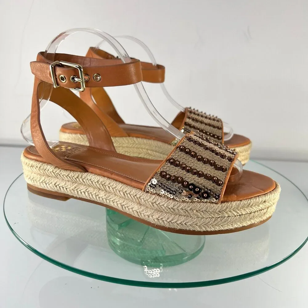 Vince Camuto Kathalia Flatform espadrille Brown Leather Sequin - Picture 1 of 7